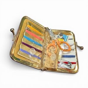 Vintage Travel Sewing Kit Leather Case Black 3.5" x 2.5"